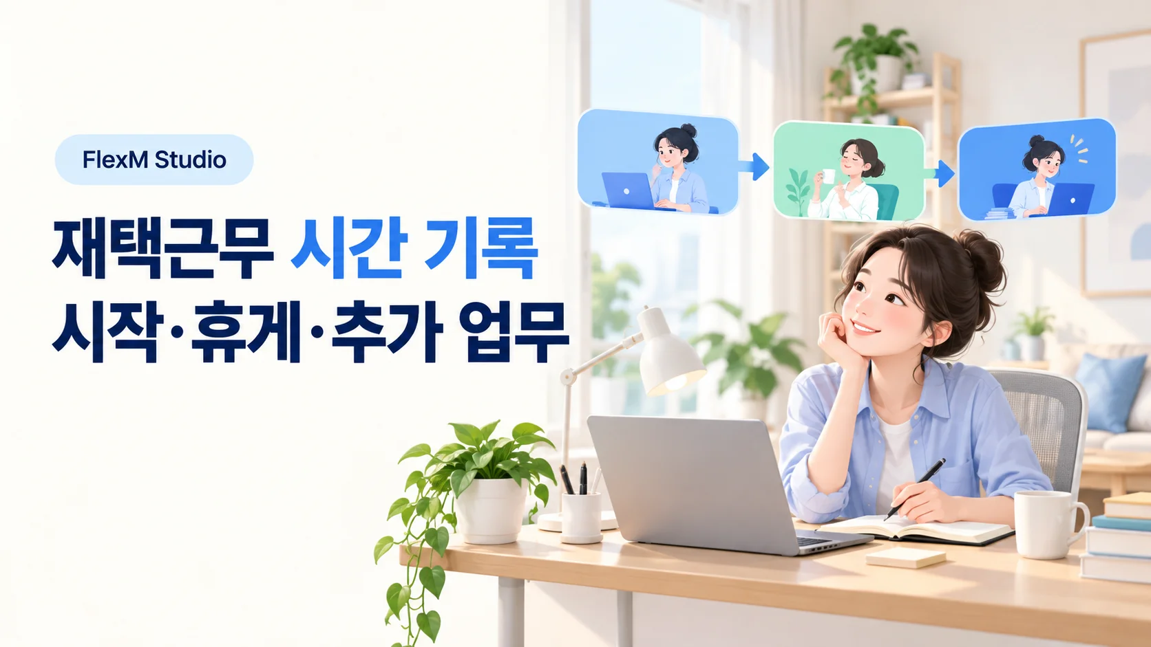 집에서 노트북으로 일하는 사람과 시작·휴게·추가 업무를 구분한 재택근무 시간 기록 안내