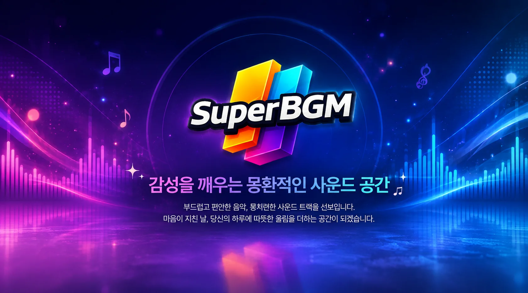 보라색·파란색 음파와 음표를 배경으로 한 SuperBGM 로고