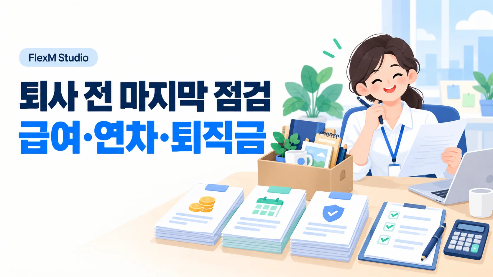 퇴사를 준비하는 사람과 급여·연차·퇴직금 관련 서류 및 계산기를 그린 일러스트