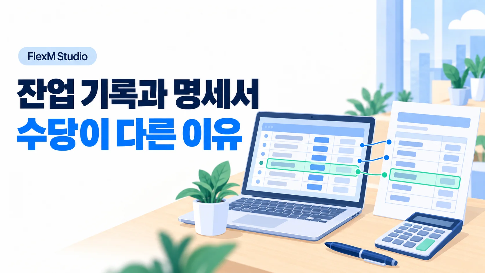 노트북의 잔업 기록과 종이 급여명세서를 연결해 수당을 대조하는 일러스트